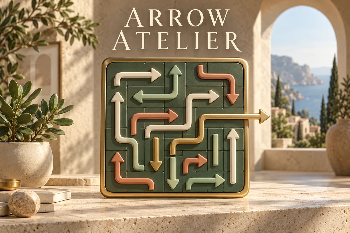 Ivory, mint and champagne arrow paths on a deep teal puzzle board
