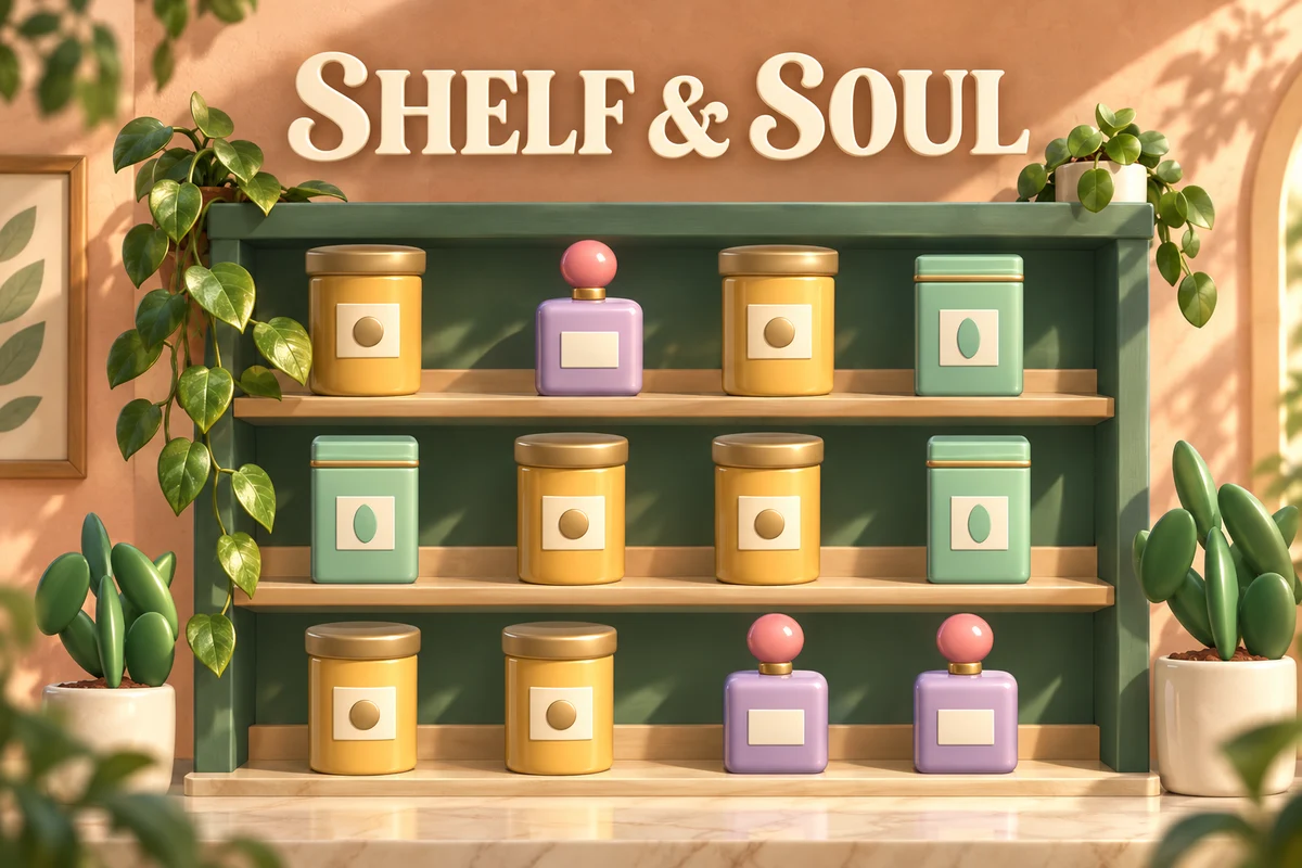 Sage boutique shelves with gold honey jars, mint tea tins and lilac perfume bottles